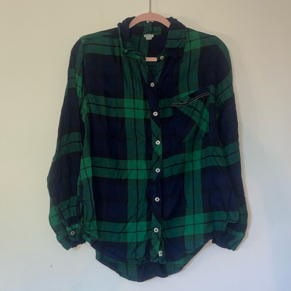 Aerie Green/Navy Blue Multicolor Plaid Shirt Womens